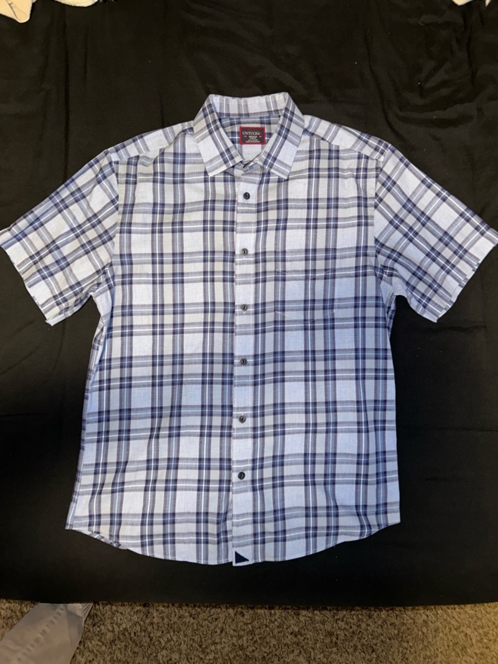 UNTUCKit Short Sleeve Medium Slim Fit Blue Plaid Cotton Button Up